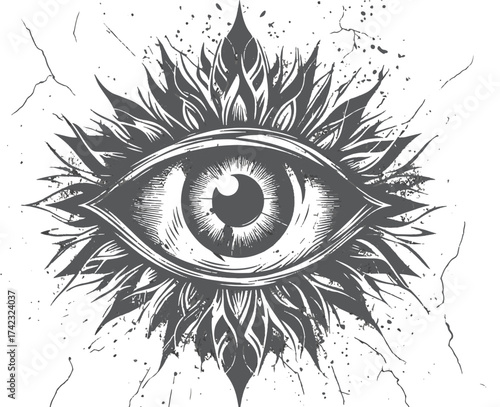 A bold grayscale illustration features a single eye framed by a shattered circular backdrop, conveying vision, perception, and mystery with gritty textures1