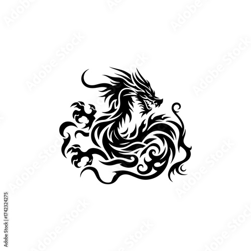Aggressive tribal dragon tattoo design in black and white. Dynamic vector illustration of a powerful mythological creature, isolated graphic element