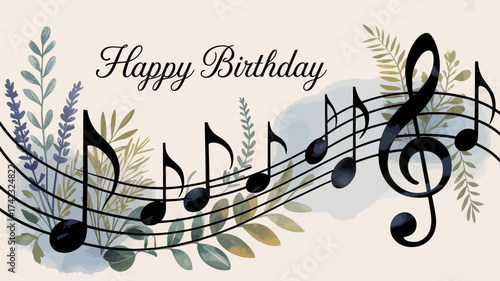 Happy birthday music notes floral celebration greeting card party event design background watercolor illustration decorative festive melody harmony musical invitation creative art graphic