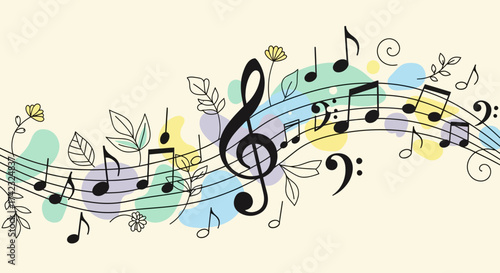 Music notes clef treble bass staff melody harmony rhythm song composition musical score sheet flowers leaves floral design art illustration decorative pattern background pastel colors vector