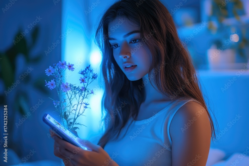 Obraz premium A young woman mesmerized by glowing flowers seemingly growing from her smartphone screen, bathed in a futuristic blue light.