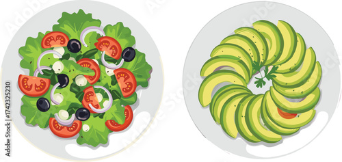 Fresh vegetable salad and sliced avocado plate, healthy organic food illustration, vegetarian meal, nutritious diet, clean eating concept