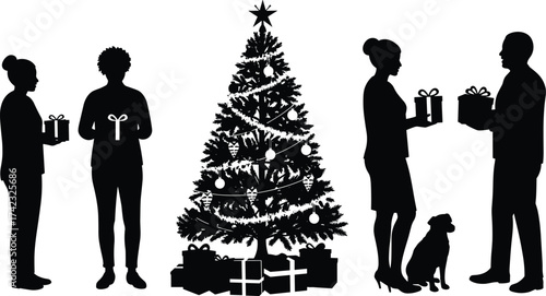 Christmas silhouette illustration, decorated tree with gifts, people exchanging presents, festive holiday   