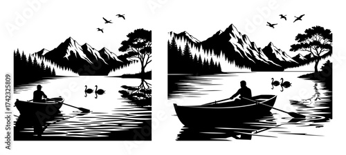 Vector art of silhouette of a man rowing a boat on a lake with mountains and birds