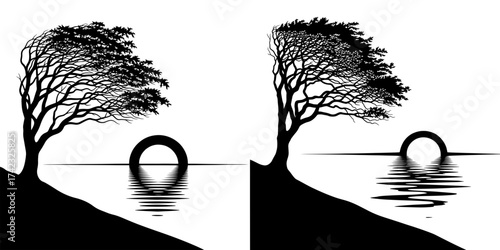 Vector art of silhouette of a tree on a hill with a reflection in the water