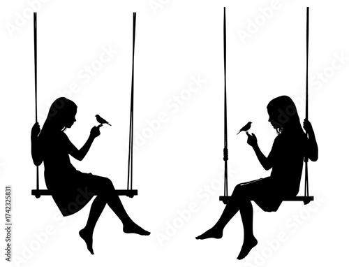 Vector art of silhouette of a girl sitting on a swing with a bird on her hand