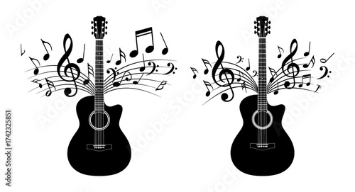 Vector art of silhouette of acoustic guitar with music notes, creating a musical harmony