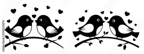 Vector art of two pairs of birds in love sitting on a branch surrounded by hearts