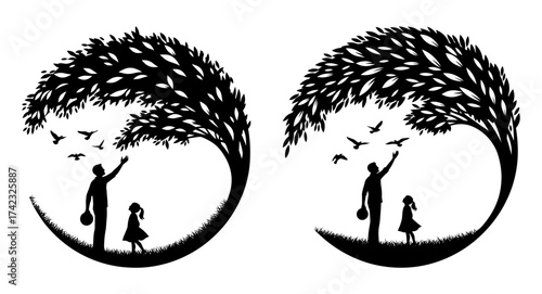Vector art of silhouette of father and daughter releasing birds under a tree