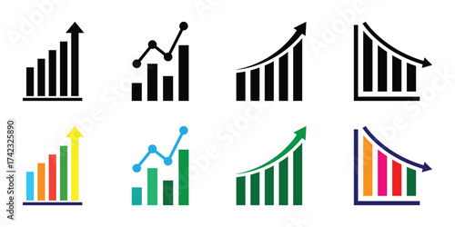 Bar graph icon. Set of  chart for report icon. Bar chart with arrow flat icons vector illustration.  EPS 10