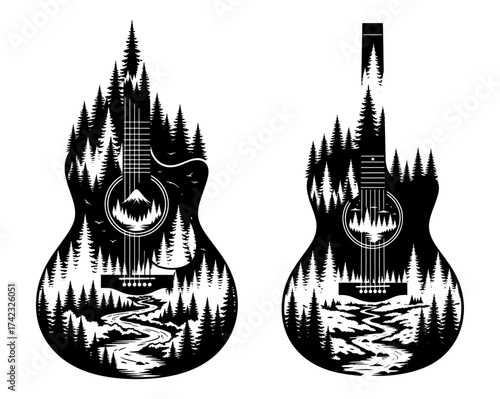 Vector art of silhouette of two guitars with forest landscape inside, nature and music concept
