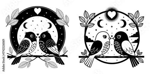 Vector art of two cute birds in love hand drawn vector illustration in vintage style, tattoo design