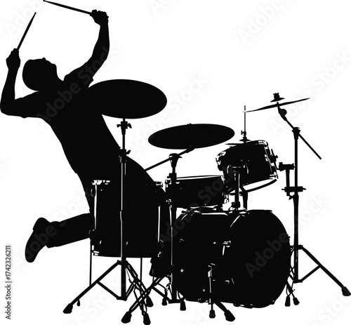 Drummer silhouette illustration, drum set player sketch, live music performance, energetic musician figure, percussion instrument design, concert stage outline drawing