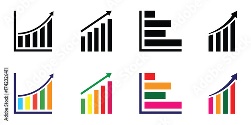 Growing graph set. Business chart with arrow. Finance diagram graphic charts icons, infographic elements. Growing graph icon set. Set of growing bar graph. Business charts icon. Vector illustration.