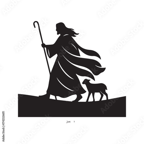 Jesus Christ the Good Shepherd leading a lamb, biblical silhouette illustration. Christian religious graphic based on John 10:11 verse.
