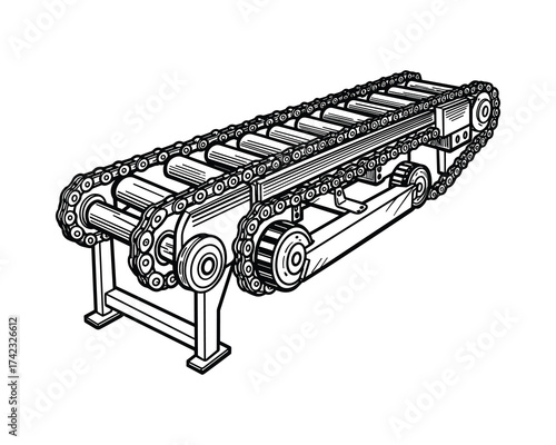 Conveyor belt system with chains and rollers