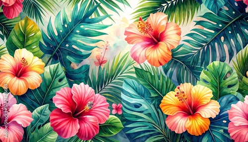 A vivid tropical botanical seamless pattern highlighting palm fronds, monstera, and hibiscus flowers in bright watercolor tones. Ideal for fabrics, wallpapers, packaging, and digital backgrounds.