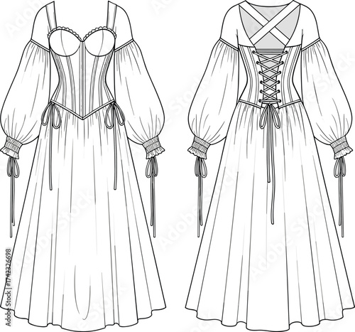 Elegant fashion illustration, historical inspired dress design, corset bodice, puff sleeves, ribbon details, lace up back, romantic flowing skirt, couture