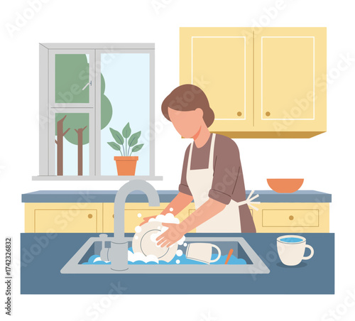 A young woman washes dishes by hand in a kitchen sink, illustrating household chores and kitchen cleaning.