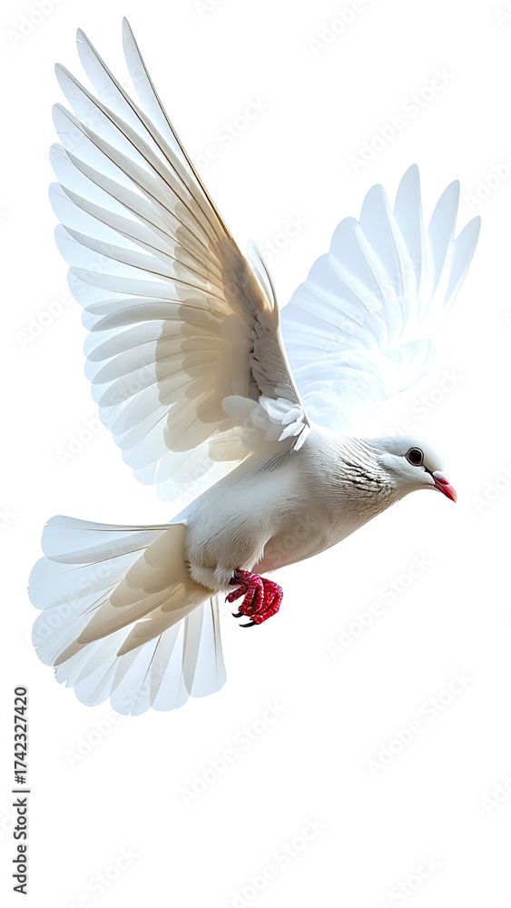 Obraz premium A graceful white dove captured in mid-flight with wings spread wide.