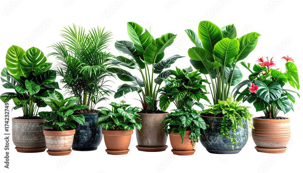 Fototapeta premium A diverse collection of healthy green potted houseplants arranged together.