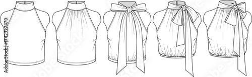 Fashion illustration, halter neck tops, sleeveless blouse designs, bow detail variations, women’s clothing sketch, couture garment drawing, stylish neckline, pattern making