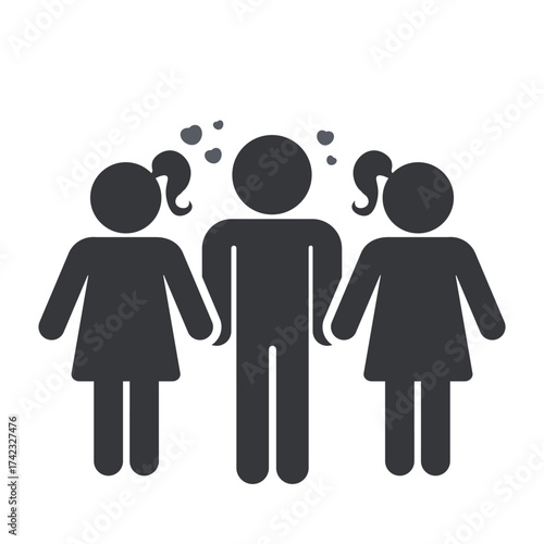 Isolated pictogram showing a man loving two women, representing polygamy, affair, relationship conflict, and symbol of double romantic love.
