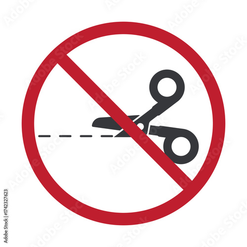 Isolated prohibition sign showing scissors, warning not to cut packages with sharp tools, emphasizing safety and proper handling instructions