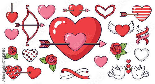 Hearts love valentine's day romance cupid arrow bow wings pixel art retro vintage design graphic illustration romantic feelings passion affection holiday celebration cute sweet adorable decoration