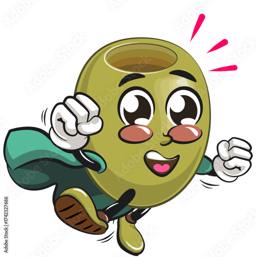 cute green olive mascot cartoon character isolated vector illustration as flying superhero wearing a robe, work of hand drawn
