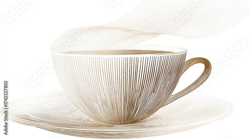 A delicate, line-drawn cup and saucer with steam rising, rendered in a warm, neutral color palette