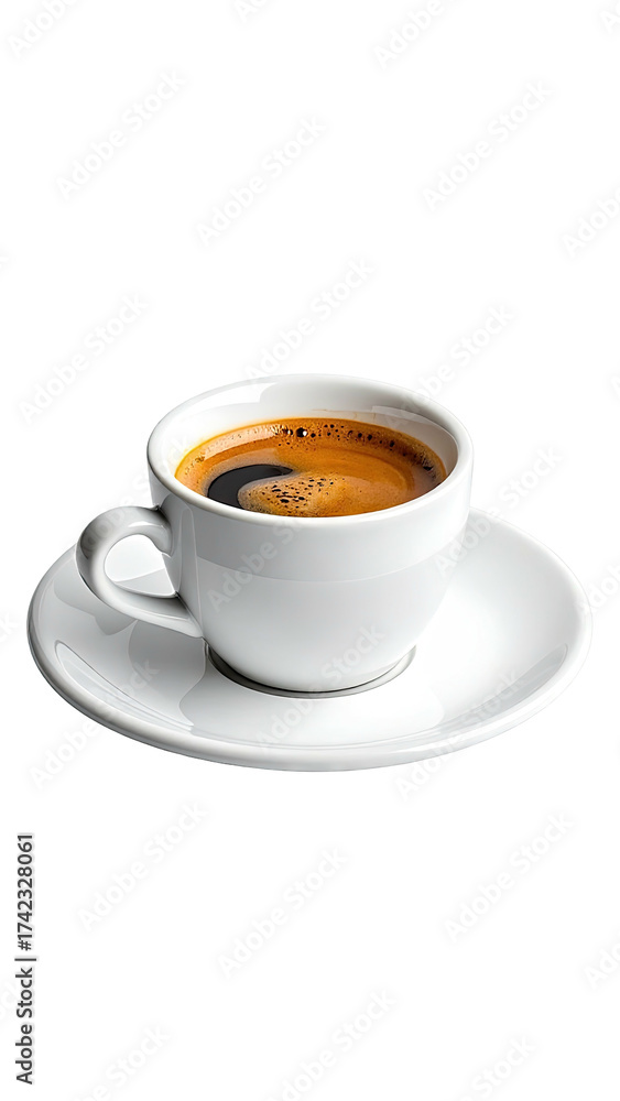 Obraz premium A steaming cup of rich espresso coffee on a white saucer.