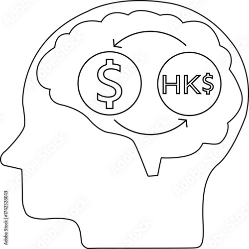 line icon of human brain head and Hong Kong dollar coin conversion icon