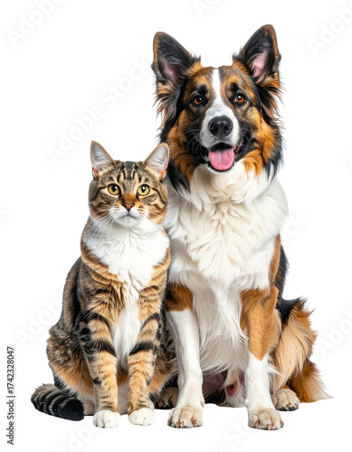 A domestic cat and a mixed breed dog sit side by side in a studio setting.