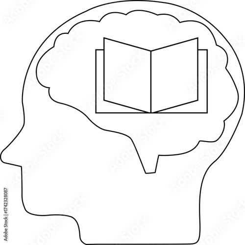 line icon of human brain head and open book icon