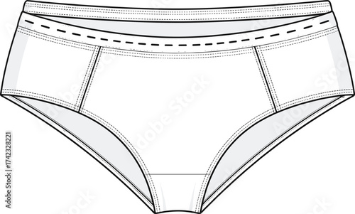 High waisted underwear, women lingerie sketch, technical fashion drawing, fitted brief design, garment construction illustration, clothing flat sketch, intimate apparel design