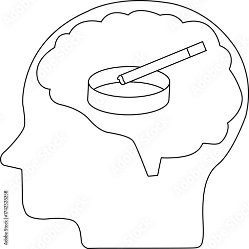 line icon of human brain head and cigarette ashtray icon