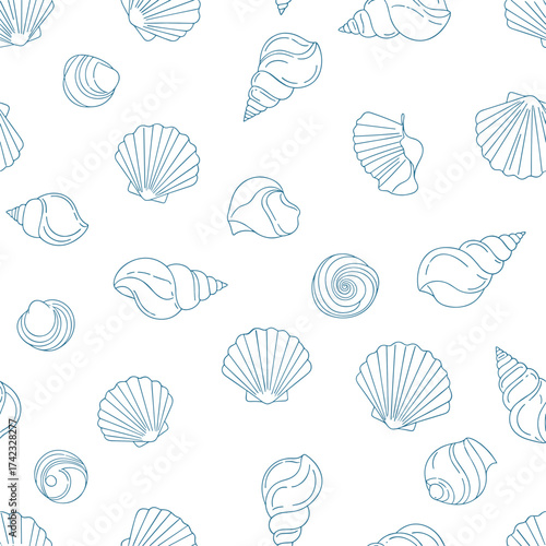 A seamless pattern featuring a collection of intricately drawn seashells.