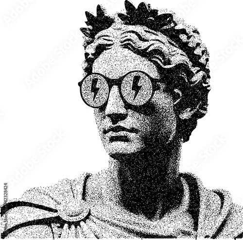 Ancient Statue with Modern Lightning Bolt Sunglasses, Stippled Art