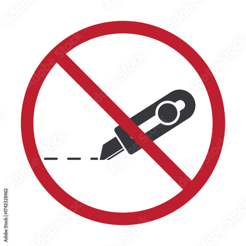 Isolated prohibition sign showing cutter knife banned, warning against opening or cutting packages with sharp tools for safety purpose.
