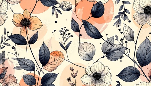 A seamless minimalist botanical pattern created with simple line art, featuring flowing outlines of leaves and branches. Clean, modern, and versatile for contemporary design.