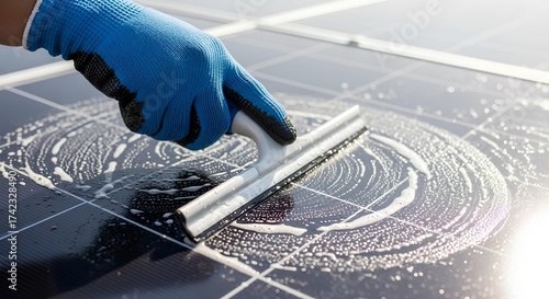 Hand cleaning solar panels with squeegee tool on a sunny day