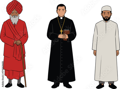 Illustration of three religious men in traditional clothing, representing cultural diversity, faith, spirituality, religion, unity, tolerance, and peace