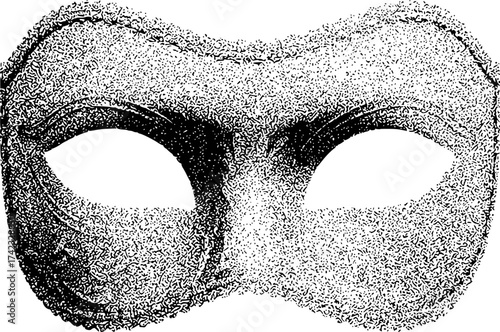 Black and white stippled illustration of a masquerade mask with eye openings