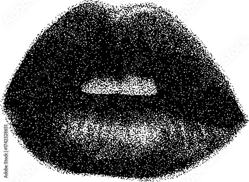 Black and white stippled illustration of full, sensual lips with a subtle opening