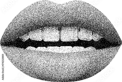Close-up Stippled Black and White Image of a Woman's Open Mouth and Teeth