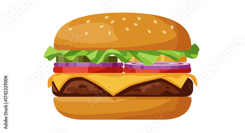 Delicious Cartoon Burger with Fresh Ingredients and Sesame Seed Bun.