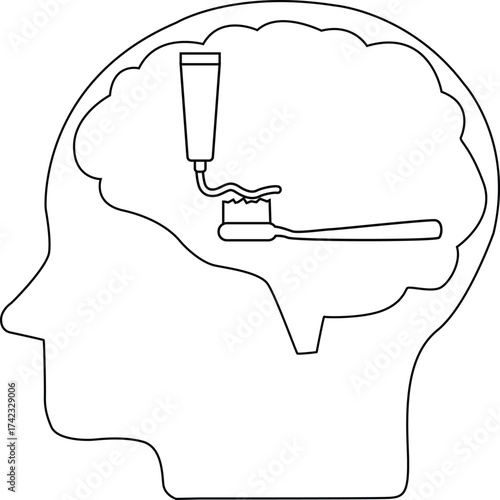 line icon of human brain head and toothbrush paste icon