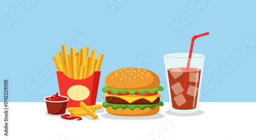 Cartoon Fast Food Meal: Burger Fries and Soda.