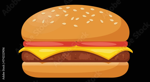 Cartoon Hamburger with Sesame Bun Cheese and Tomato.